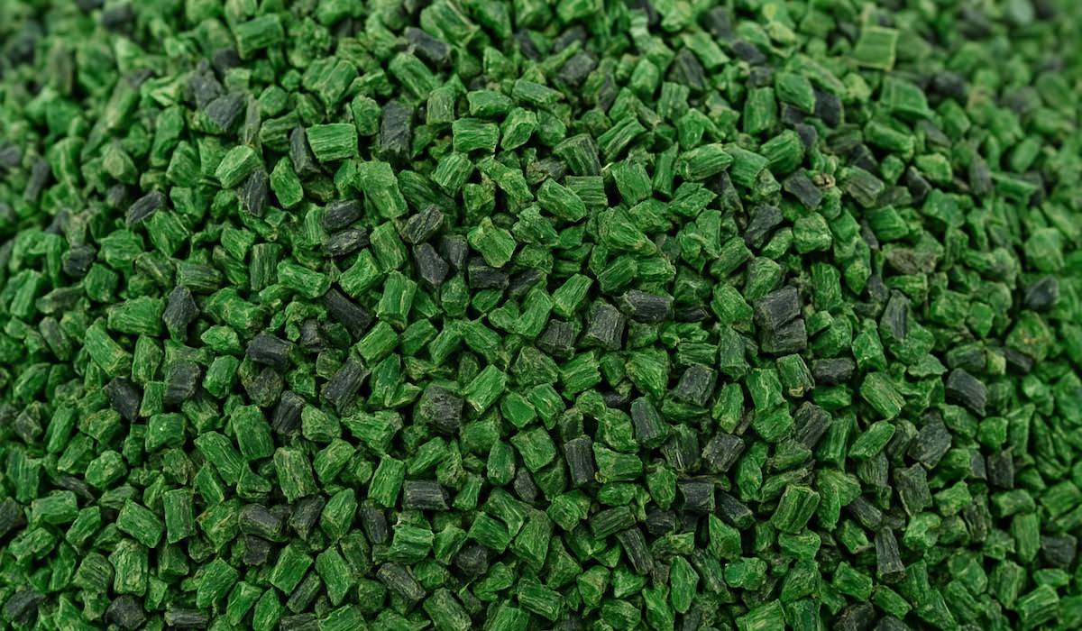 polypropylene-plastic-pellets-recycled Recycled polypropylene pellets made from artificial grass fibres and backing.
